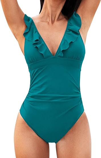 Photo 1 of {XS} CUPSHE Women's Ruffled One Piece Swimsuit V Neck Lace Up
