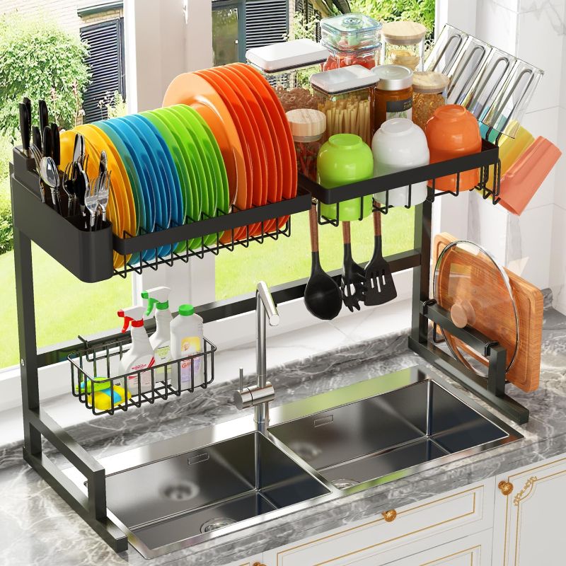 Photo 1 of ADBIU Over The Sink Dish Drying Rack (Expandable Height and Length) Snap-On Design 2 Tier Large Dish Rack Stainless Steel (24" - 35.5" L x 12" W x 19" - 22" H)
