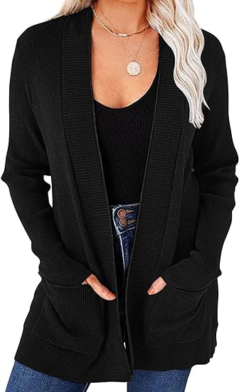 Photo 1 of {L} MEROKEETY Women's 2024 Fall Open Front Waffle Knit Cardigan Long Sleeve Cozy Knit Sweaters with Pockets
