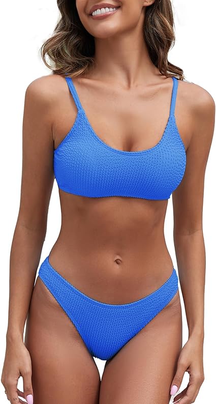 Photo 1 of {M} Fanuerg Women's Ribbed Bikini Sets Scoop Neck Cheeky Swimsuit Textured Two Piece Bathing Suit

