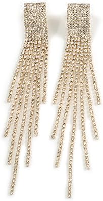 Photo 1 of Statement Extra Long Clear Crystal Fringe Dangle Earrings in Gold Tone - 12cm Drop
