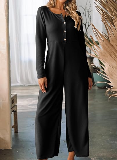 Photo 1 of {XL} Happy Sailed Women's Long Sleeve Waffle Knit Jumpsuits Front Button Wide Leg Long Pants Romper Overalls with Pockets
