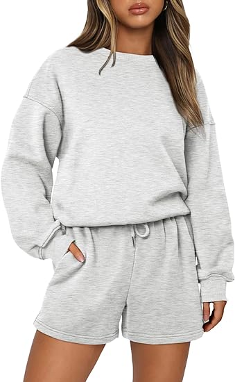 Photo 1 of {L} AUTOMET Womens Two Piece Outfits 2 Piece Lounge Matching Sets Fleece Sweatsuit Sweat Shorts Fashion Fall Clothes Sweatshirt
