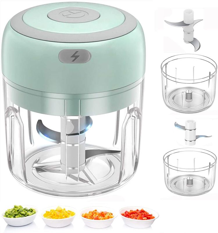 Photo 1 of Electric Mini Food Chopper, Rechargable Small Food Processor for Garlic, Puree, Onion, Herb, Veggie, Ginger, Fruit Blender (250ml+100ml 2 cups, Green)
