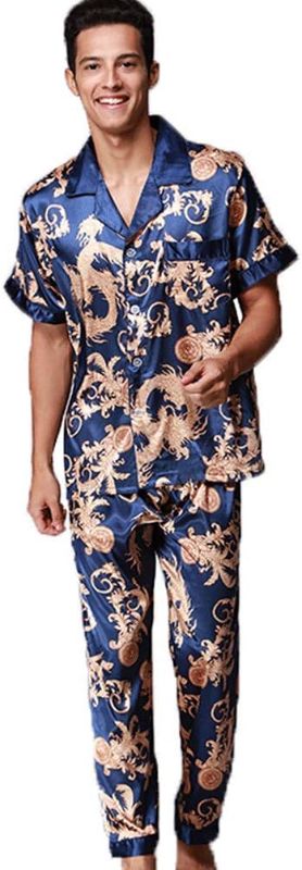 Photo 1 of {S} Men's Silk Satin Pajamas Set Short Sleeve Dragon Pattern Pjs Sets Classic Loungewear Button-Down Sleepwear

