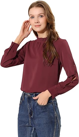 Photo 1 of {L} Allegra K Women's Chiffon Blouse Ruched Stand Collar Pearl Beaded Long Sleeve Work Top
