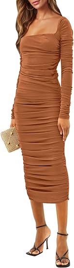 Photo 1 of {M} Pink Queen Women's 2023 Fall Sexy Ruched Bodycon Dress Square Neck Long Sleeve Backless Knit Party Club Midi Dresses
