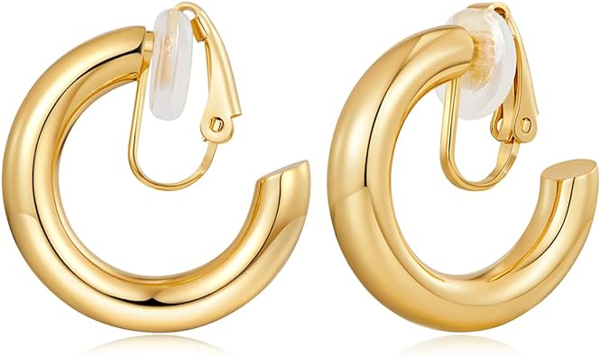 Photo 1 of FAMARINE Gold Hoop Clip on Earrings for Women, Geometric Chunky Earrings Girls Gift, Gold Sliver
