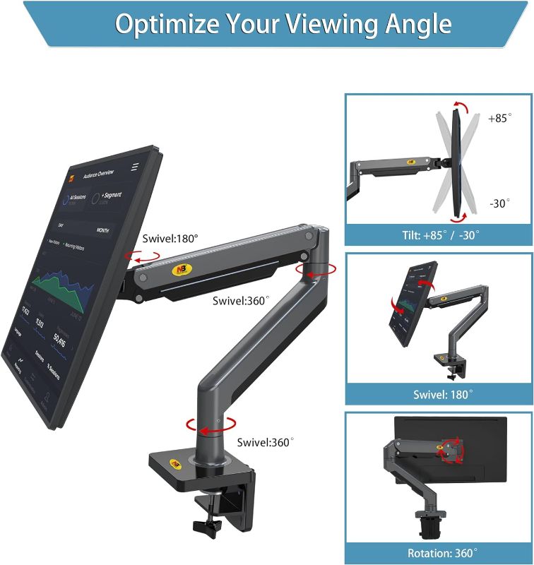 Photo 2 of NB North Bayou Monitor Arm Full Motion Swivel Monitor Mount with Gas Spring for 22''-40'' Monitors with Load Capacity from 4.4 to 26.4lbs Height Adjustable Monitor Stand
