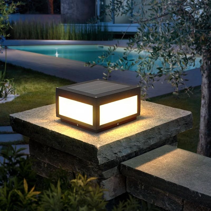 Photo 1 of Outdoor Solar Post Light, Modern LED Fence Deck Cap Light Lantern Column Lamp for Flat Surface Patio Garden Decoration with IP54 Waterproof E26 Bulb
