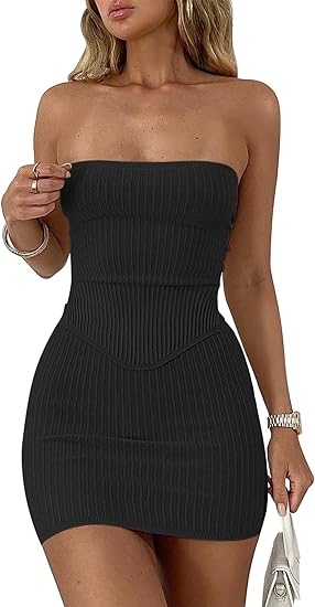 Photo 1 of {M} ANRABESS Women's Two Piece Outfits Summer Sexy Skirt Sets Going Out Cute Bandeau Crop Tops Short Bodycon Club Mini Dresses
