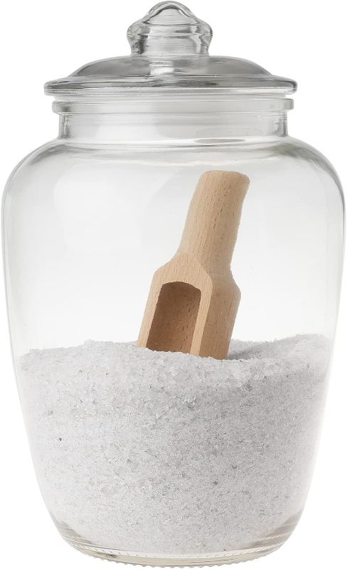 Photo 1 of Glass Bath Salt Jar with Wooden Scoop for Bath Salt, Bath Salt Container With Airtight Lid Holds 74 oz of Bath Salt Epsom Salt, Laundry, Flour Multi Use----- no lid
