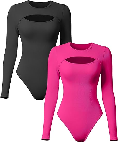 Photo 1 of {M} OQQ Women's 2 Piece Bodysuits Sexy Ribbed Long Sleeve Round Neck Cutout Front Tops Bodysuits
