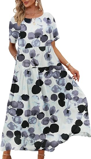 Photo 1 of [m] YESNO Women Casual Loose Bohemian Floral Dress with Pockets Short Sleeve Long Maxi Dress
