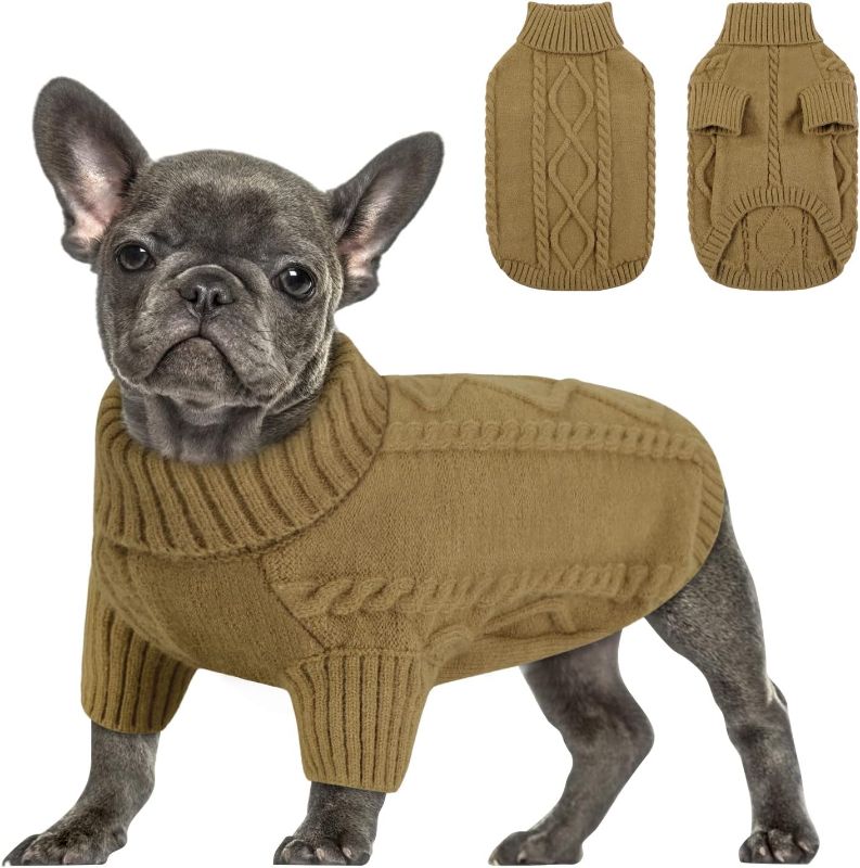 Photo 1 of [s] Queenmore Small Dog Pullover Sweater, Cold Weather Cable Knitwear, Classic Turtleneck Thick Warm Clothes for Chihuahua, Bulldog, Dachshund, Pug (Light Brown, Small)
