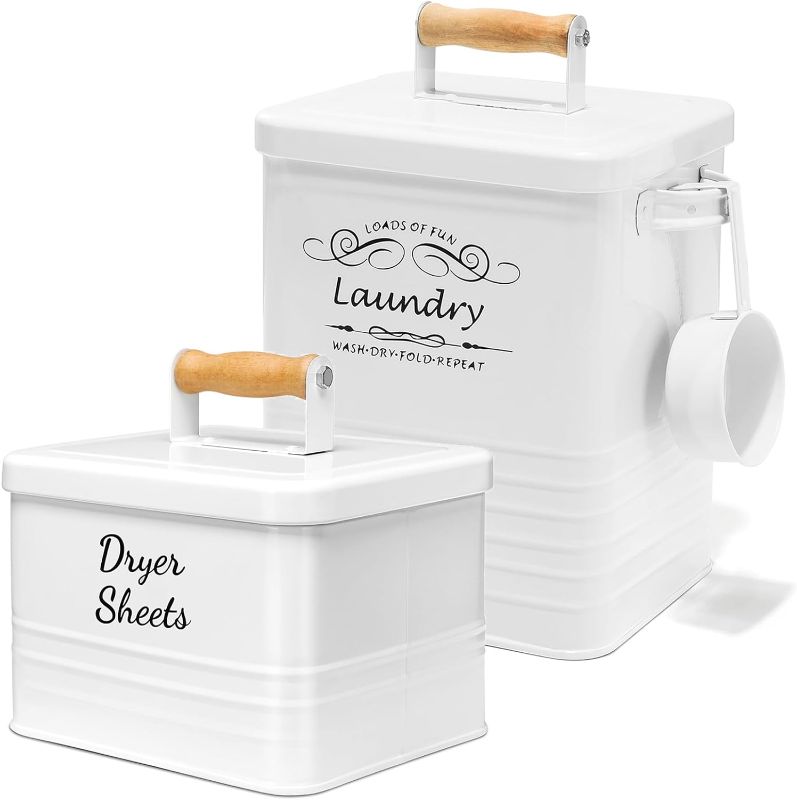 Photo 1 of SSTATES Laundry Room Organization Set, Metal Laundry Detergent Pods Container and Dryer Sheet Holder with Lid, Laundry Powder Storage Bin with Scoop for Farmhouse Decor, (2 Pack, White)- no scooper
