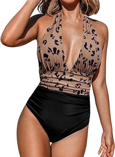 Photo 1 of [L] CUPSHE Women V Neck One Piece Swimsuit Halter Backless Ruched Tummy Control Bathing Suit
