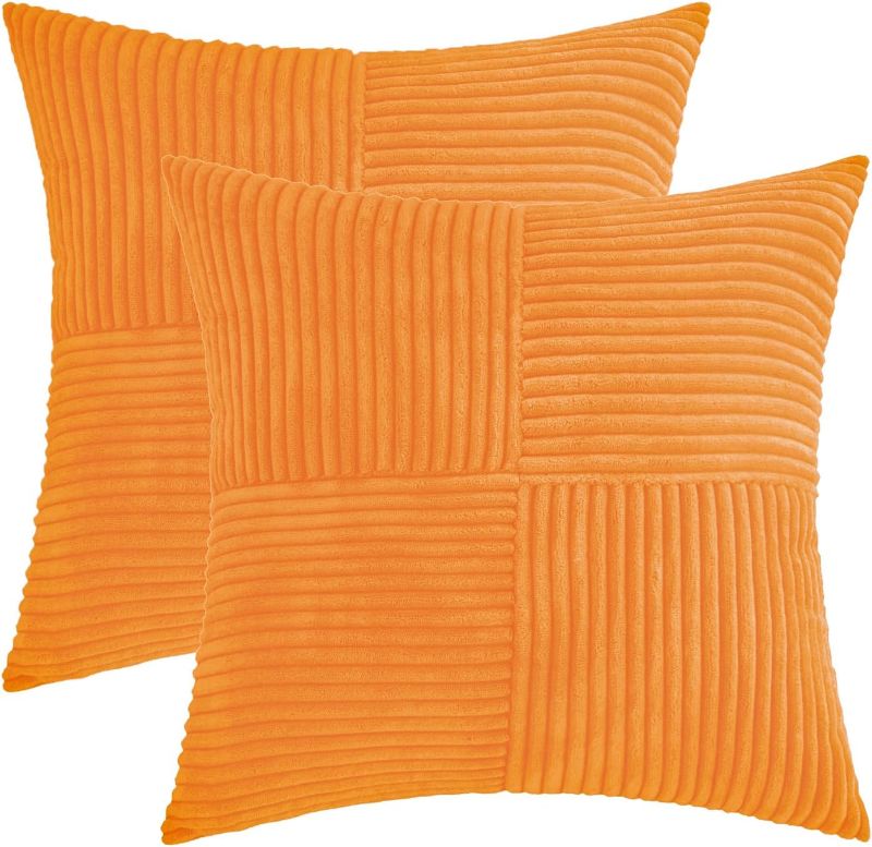 Photo 1 of HWY 50 Orange Corduroy Patchwork Throw Pillow Covers 18x18 Inch for Couch Sofa Bed Living Room, Soft Solid Boho Decorative Throw Pillows Cases Cushion Cover Set of 2 Striped
