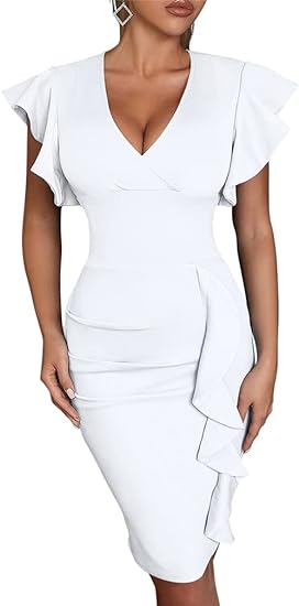 Photo 1 of [XL] YMDUCH Women's Sexy Ruffle Sleeve V Neck Bodycon Club Pencil Midi Dress
