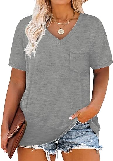 Photo 1 of [s] DOLNINE Plus-Size Tops for Women V Neck T Shirts Summer Tunics with Pocket
