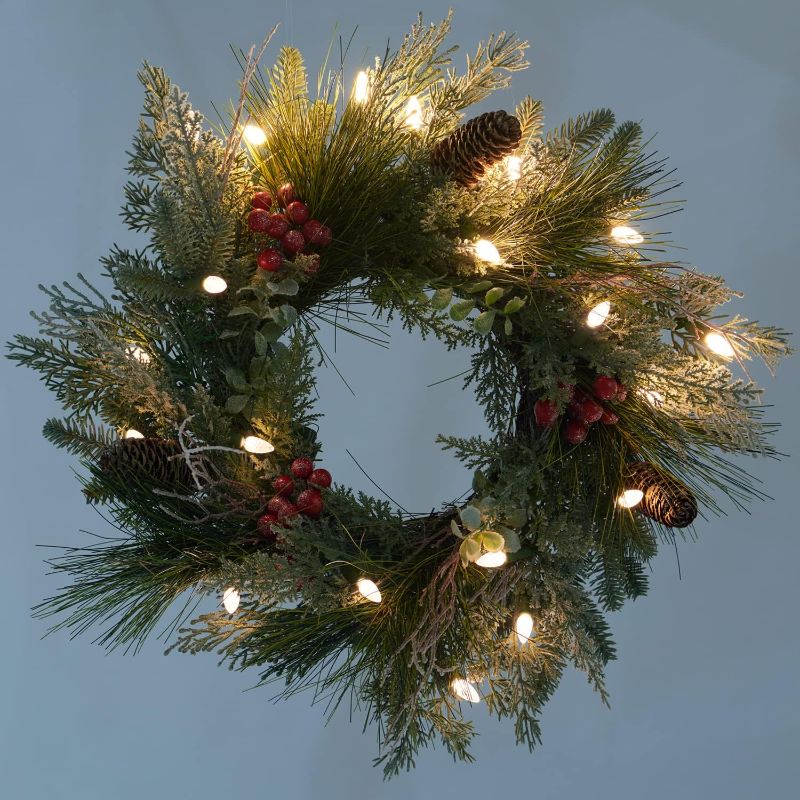 Photo 1 of Pre- Christmas Wreath for Front Door, Snow Branches, 18 Inch Battery Operated 20 LED Lights, Decorations for Indoor & Outdoor Green