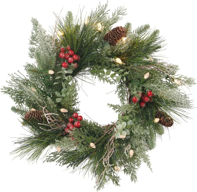 Photo 2 of Pre- Christmas Wreath for Front Door, Snow Branches, 18 Inch Battery Operated 20 LED Lights, Decorations for Indoor & Outdoor Green