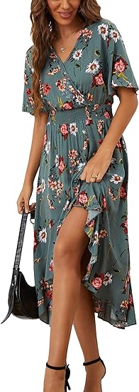 Photo 1 of [L] Kormei Women V Neck Short Sleeve Floral High Low Flowy Summer Beach Casual Long Maxi Dress
