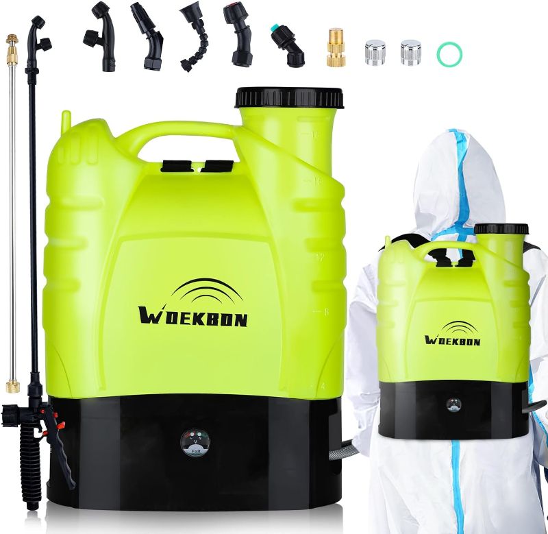 Photo 1 of 4 Gallon Battery Powered Backpack Sprayer Electric Garden Pump Sprayer with Lithium Battery for Long Time Spray Brass Telescope Wand and Multiple Nozzles for Spraying Cleaning
