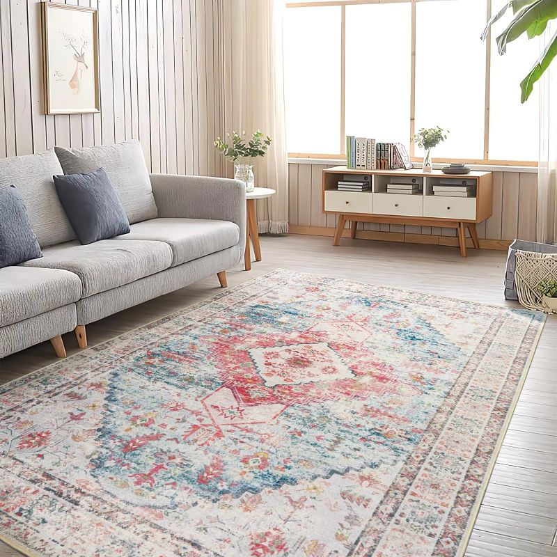 Photo 1 of 8x10 Area Rugs for Living Room Vintage Rug 8z10 Area Rug Machine Washable Rugs Non Slip No Pile Carpet Bohemian Distressed Area Rug for Living Room Bedroom Indoor Pink
