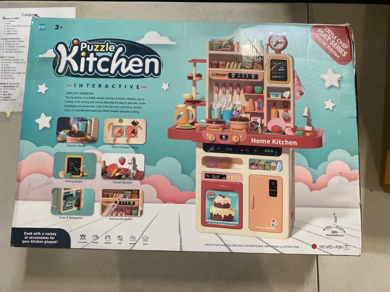 Photo 2 of deAO My Happy Little Chef Kitchen 80 Pieces Pretend Play Set with Multi-Functional Button Panel, Light, Sound, Real Steam Functions and Colour Changing Accessories Included(Pink)
