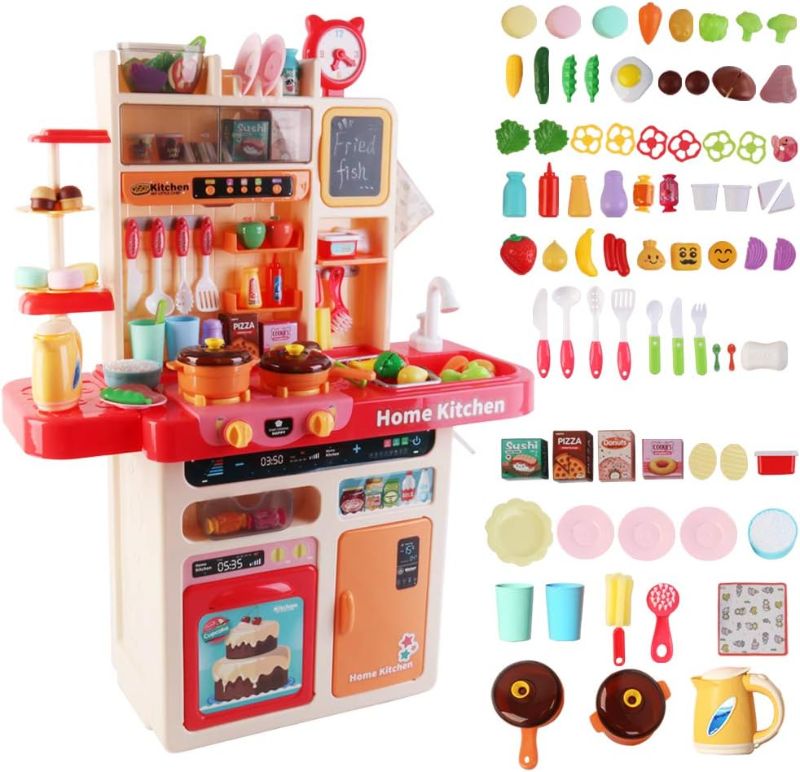 Photo 1 of deAO My Happy Little Chef Kitchen 80 Pieces Pretend Play Set with Multi-Functional Button Panel, Light, Sound, Real Steam Functions and Colour Changing Accessories Included(Pink)
