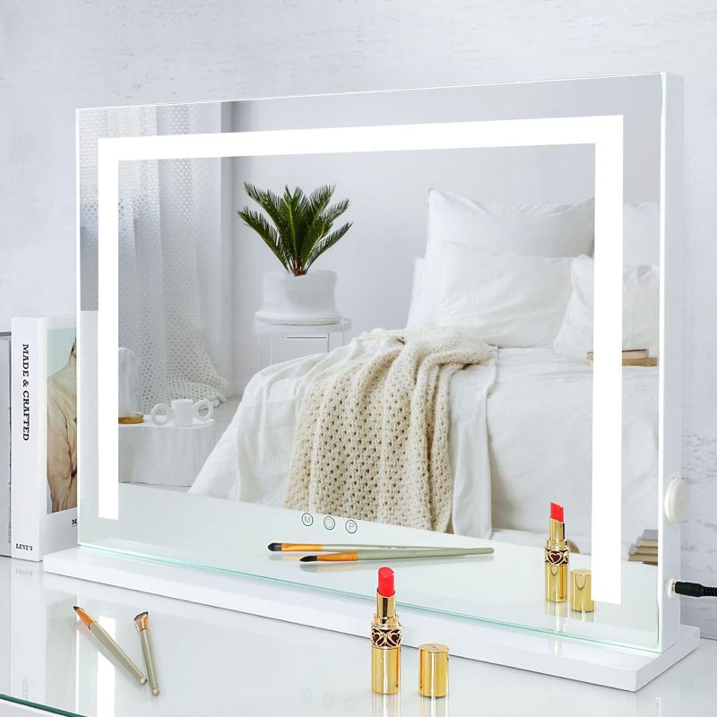 Photo 1 of SHOWTIMEZ Vanity Mirror with Lights, Tabletop Wall-Mounted Makeup Mirror with Dimmable 3 Modes LED Backlit Light Strip,Touch Screen Control Cosmetic Mirror with USB Outlet, 22.8" W x 17.5" H
