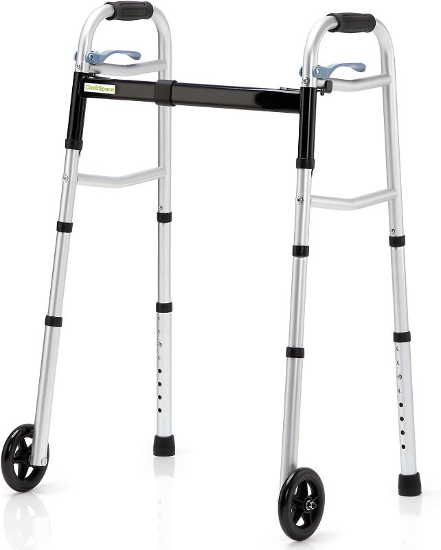Photo 1 of OasisSpace Compact Folding Walkers, Lightweight Walkers for Seniors Adults Elderly, Rolling Front Wheels Walker, Standard Walking Assist Narrow Walker for Small Spaces Up to 300lbs
