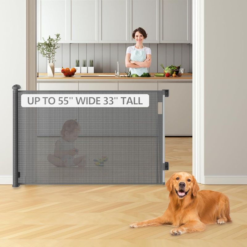 Photo 1 of Retractable Baby Gates Dog Gates, Sturdy Mesh Safety Child Gate, 33" Tall Extends up to 55" Wide Extra Long Sliding Gate for Doorway Hallway Stair Porch Gates for Kids or Pets Indoor Outdoor
