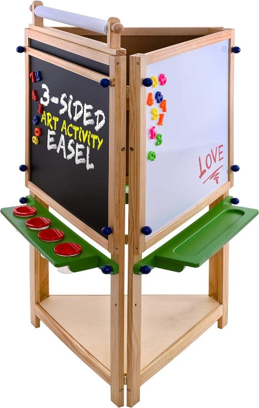 Photo 1 of U.S. Art Supply Children's 3-Sided Art Activity Easel with Chalkboard, Large Paper Roll, Shelf & Plastic Paint Cups
