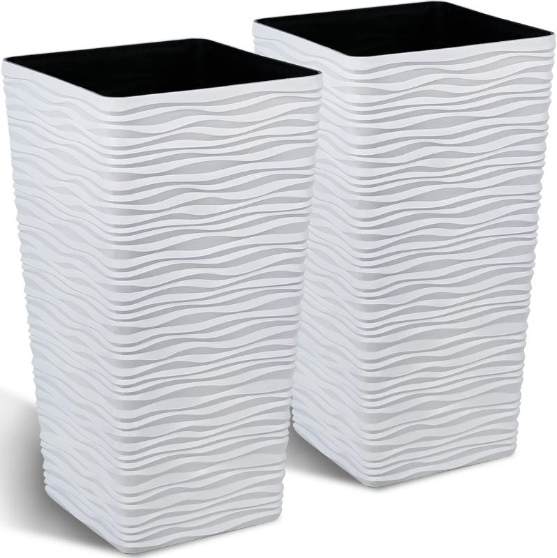 Photo 1 of Worth Garden 2-Pack Tall Tapered Planter - Plastic White Square Plant Pots - 22" Tall Large Tree Planter - Modern Matte Wavy Flower Pot for Indoor Outdoor Porch Deck
