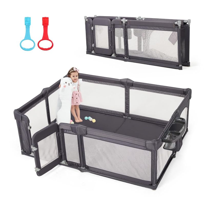 Photo 1 of Baby Playpen,79"x59" Foldable Baby Playpen for Babies and Toddlers with Gate,Large Baby Play Pens with Zipper Door,Baby Play Yards Play Area (Deep Grey)
