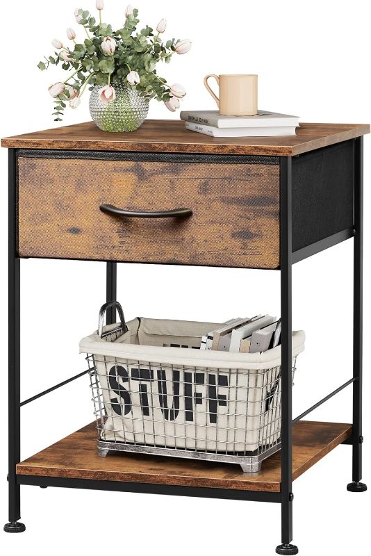 Photo 1 of WLIVE Nightstand, End Table with Fabric Storage Drawer and Open Wood Shelf, Bedside Furniture with Steel Frame, Side Table for Bedroom, Dorm, Easy Assembly, Rustic Brown Wood Grain Print
