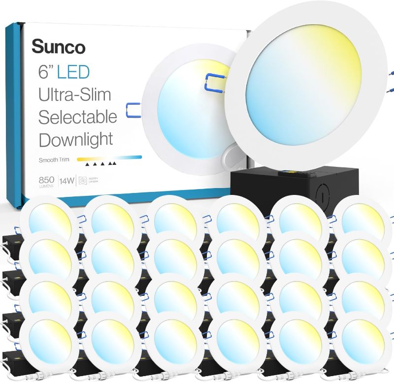 Photo 1 of Sunco Lighting 24 Pack 6 Inch Ultra Thin LED Recessed Ceiling Lights Smooth Trim Selectable CCT 2700K/3000K/3500K/4000K/5000K Dimmable 14W=100W Wafer Thin Canless with Junction Box
