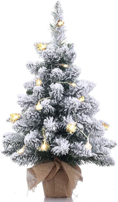 Photo 1 of Pre- Artificial Mini Christmas Tree,20 Inch Snow Flocked Artificial Pine Xmas Tree with 20 LED Lights,70 Branch Tips,Desktop Christmas Tree Burlap Base-(50cm)