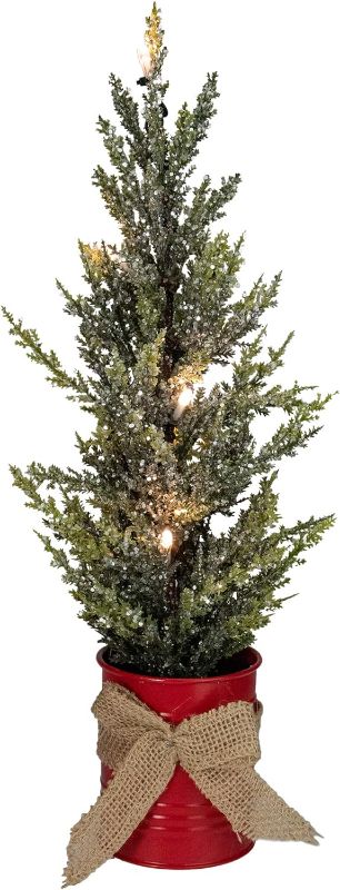 Photo 1 of Northlight 20" LED Lighted Red Potted Artificial Tabletop Iced Christmas Tree Decoration - Clear Lights
