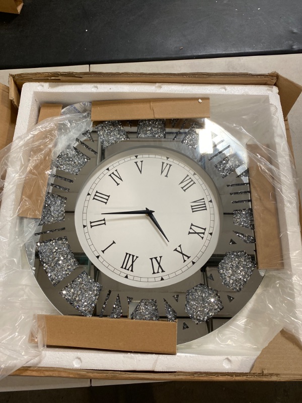 Photo 2 of MIREO Silver Round Mirror Clock,Crystal Sparkle Crush Diamond, Mirrored Large Wall Clock for Wall Decoration