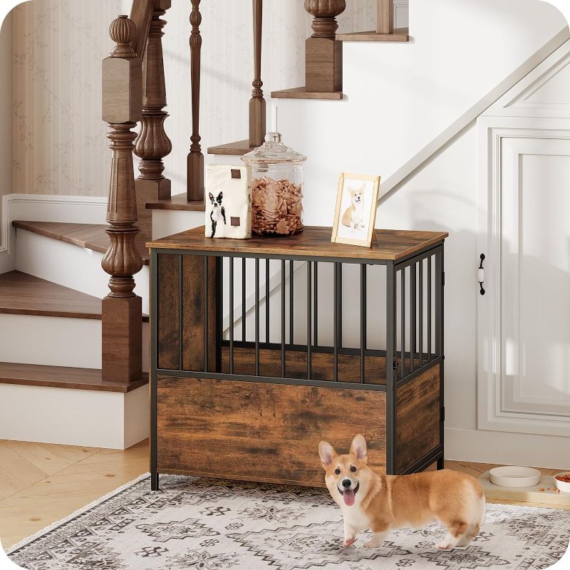 Photo 2 of Dog Crate Furniture, Wooden Dog Kennel for Small Medium Dogs, Heavy Duty Dog Cage with Lockable Door, Decorative Indoor Dog House End Table, Chew-Resistant, Rustic Brown DCHR6601
