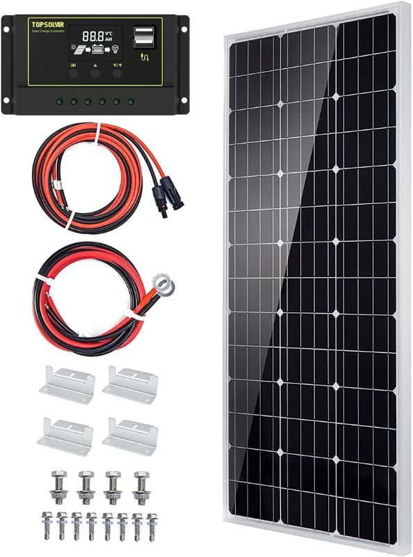 Photo 1 of Topsolar Solar Panel Kit 100 Watt 12 Volt Monocrystalline Off Grid System for Homes RV Boat + 30A 12V/24V Solar Charge Controller +Solar Cables + Z-Bracket for Mounting
