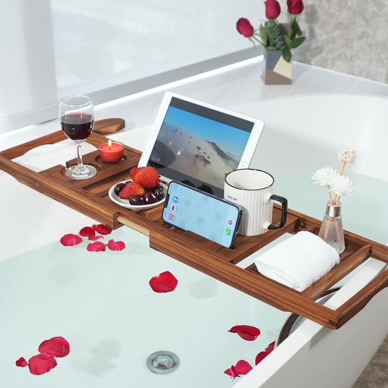 Photo 2 of VaeFae Teak Bathtub Tray, Expandable Wooden Bath Tray for Tub with Wine and Book Holder, Solid Bathroom Caddy with Free Teak Body Brush
