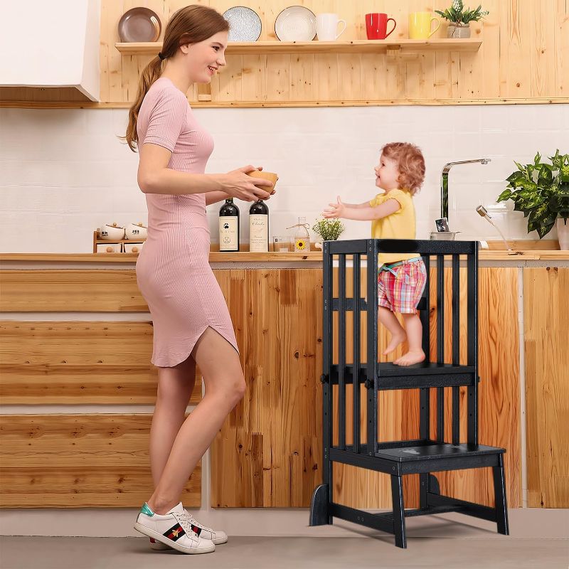 Photo 1 of Toddler Tower, Adjustable Height Kids Kitchen Step Stool with CPC Certification, Unique Patents with Safety Rail & Anti-tip & Non-Slip Mat & Vertical Guardrail Toddler Kitchen Stool?Black?
