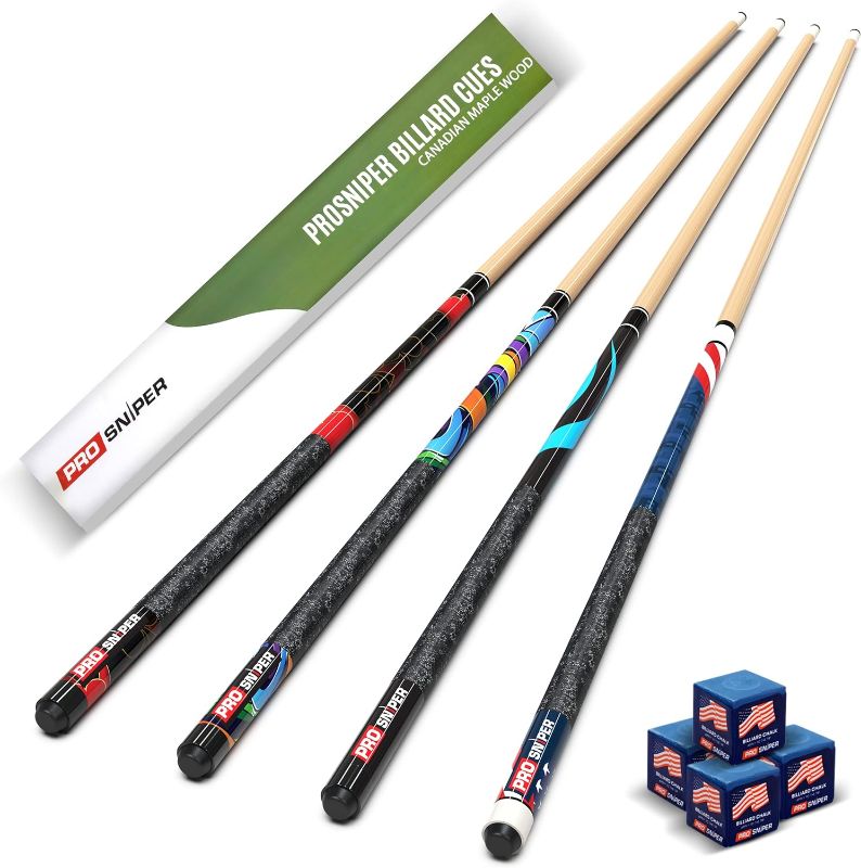 Photo 1 of Pool Cues | Set of 4 Pool Cue Sticks Made Canadian Maple Wood | Extra 4 Pool Chalk Included | Unique Design and Durable Cue Stick for Professional Billiard Players- one cue is cracked
