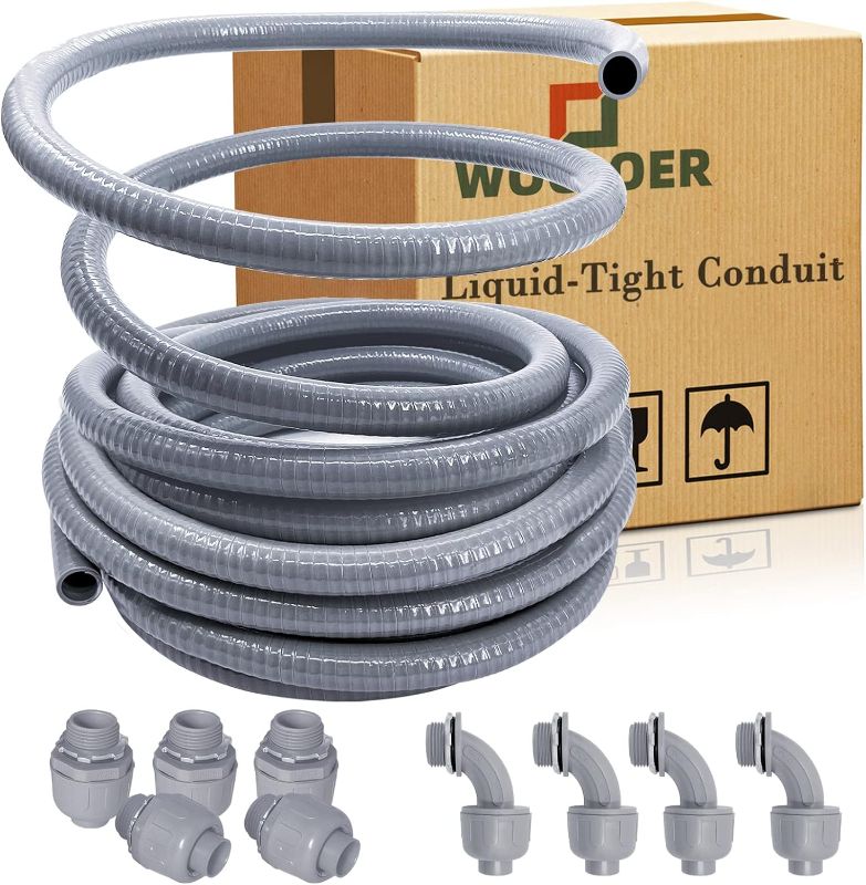 Photo 1 of 50 Foot Liquid-Tight Conduit Kit - 3/4 inch Flexible Non Metallic Liquid Tight Electrical Conduit and 5 Straight and 4 Angle Fittings Included
