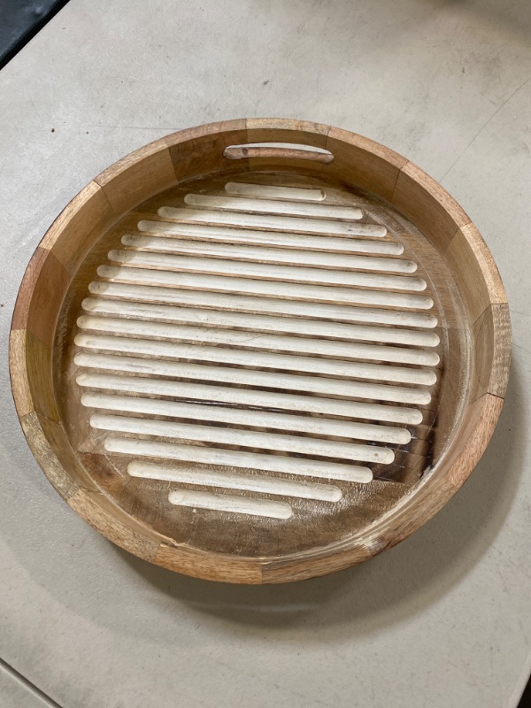 Photo 1 of Walbrook Round Serving Tray with Handles - 16" Coffee Table Tray, Decorative Tray, Large Ottoman Tray, Wooden Tray, Rustic Round Tray, Wood Tray, Farmhouse Tray, White Tray, Round Wood Tray
