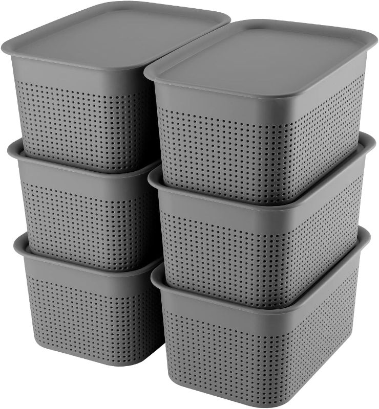 Photo 1 of AREYZIN Plastic Storage Baskets With Lids Set of 6 Lidded Storage Organizer Bins Containers Baskets for Organizing Shelves Desktop Closet Playroom Classroom Office, 10.6X7.5X5.1 Inches, Grey
